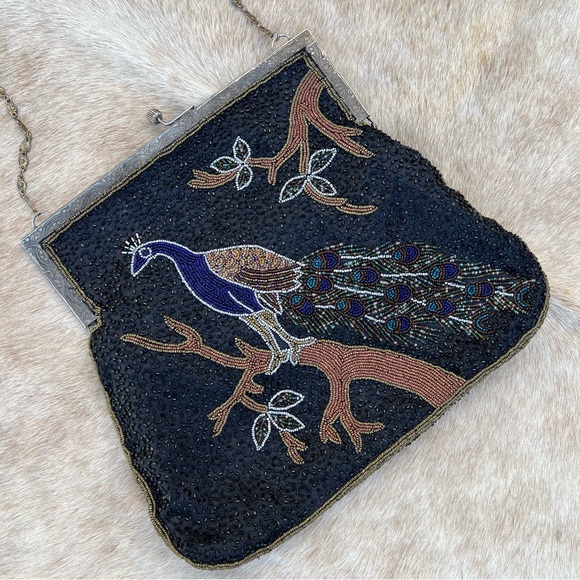 Antique Vintage Art Deco Large Beaded Sequin Peacock Long Chain Shoulder Bag - Picture 3 of 13
